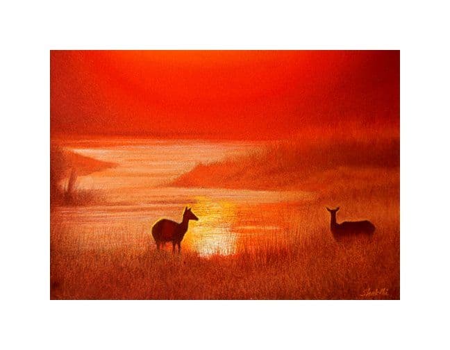 Deer in Landscape - Pastel painting by Shakthi Prasad